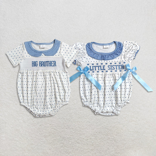 RTS NO MOQ Sibling milk silk Baby Boys And Girls Polka Dots Smocked Short Sleeve Rompers