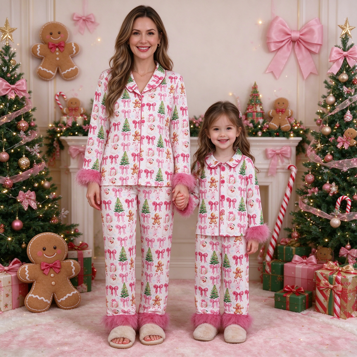 Mama and Me Pink Christmas Pajama Set - Bows Santa Trees Button Top & Fur Trim Pants