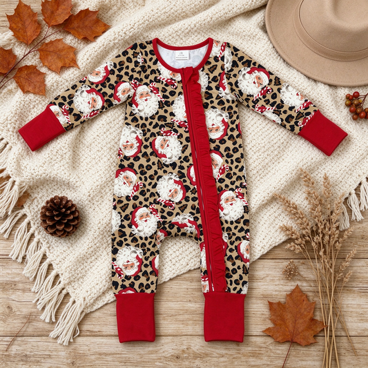 NEW RTS NO MOQ milk silk LR3302 Baby Girls Leopard Santa Print Christmas Two Way Zip Ruffle Convertible Rompers