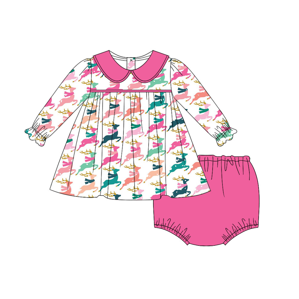 6.29 custom each style moq 5eta 4-6week Sibling Sister Christmas deer pink baby girls sets and dress and briefs sets match family design