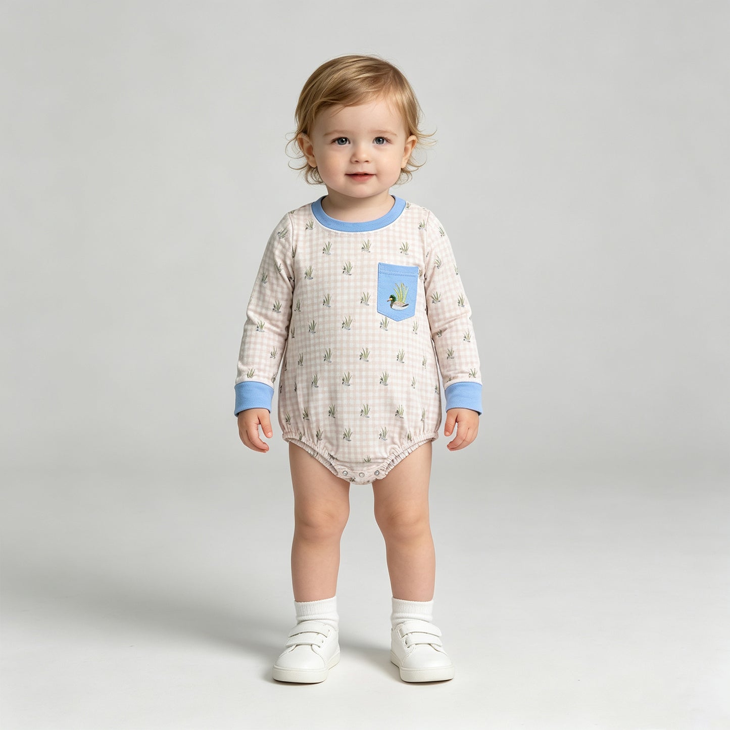 RTS NO MOQ milk silk LR3002 Embroidery Duck Pocket Baby Boys Long Sleeve Checked Hunting Rompers