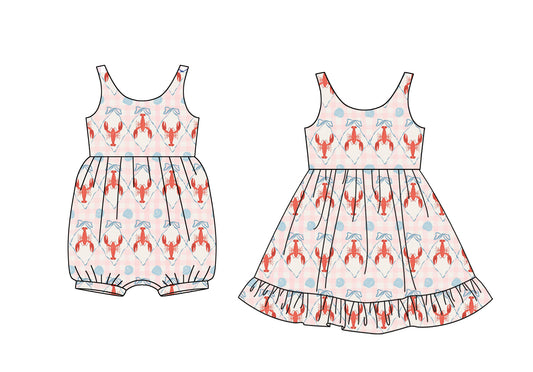 25.12.5 custom each style moq 5 eta 6-8week Sibling Sister lobster bow baby short sleeve romper and dress match design
