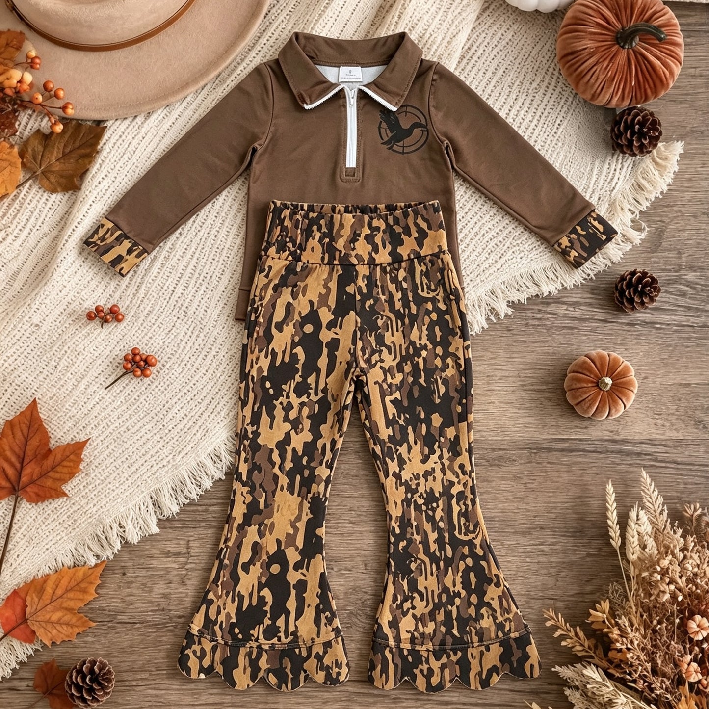 NEW RTS NO MOQ milk silk GT1698+P1039 Baby Girls Long Sleeve Ducks Zip Pocket Hunting Pullovers  Southern Leaves Camo Scallop Bell Bottom Pants Set
