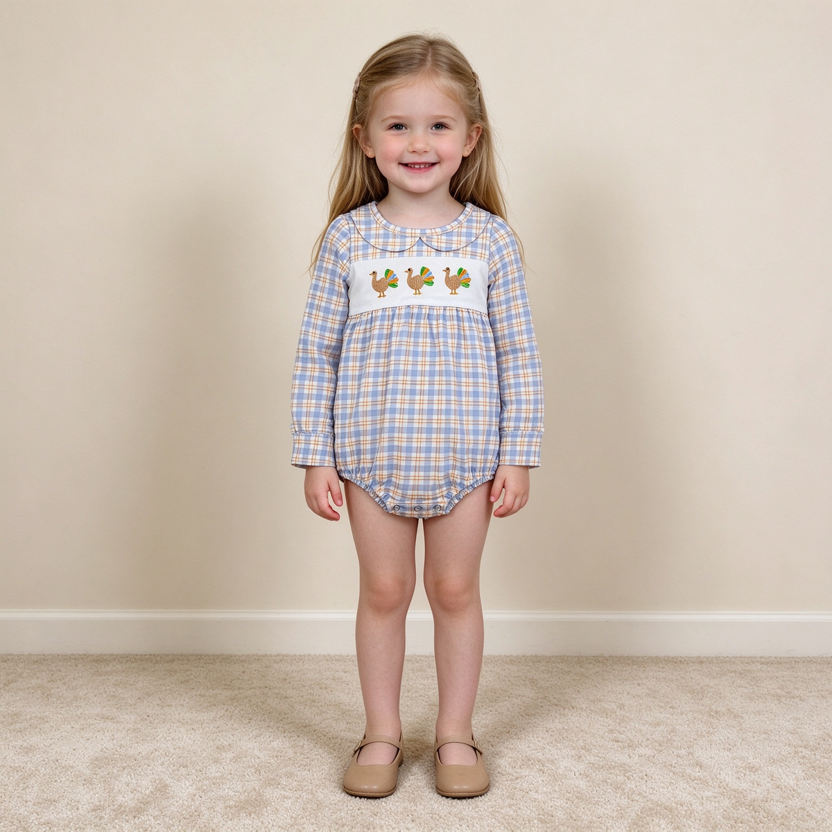 NEW RTS NO MOQmilk silk LR3132 Embroidery Turkey Baby Boys Long Sleeve Thanksgivings Checked Rompers
