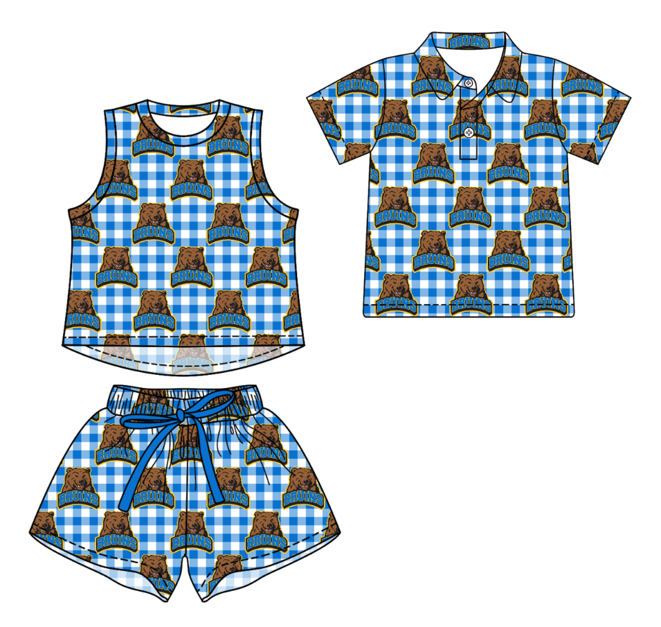 Custom moq 5 mix size milk silk summer teams Girls Checked Blue Sleeveless Top And Short Sets Boys Short Sleeve Button Polo Shirt Top