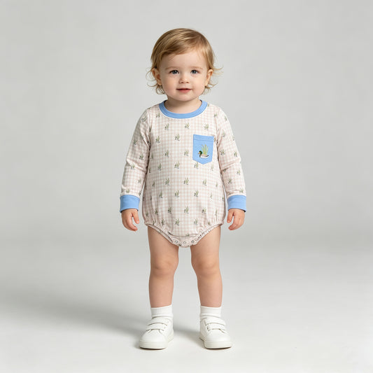 NEW RTS NO MOQ milk silk LR3002 Embroidery Baby Boys Duck Pocket Long Sleeve Plaid Check Hunting Rompers