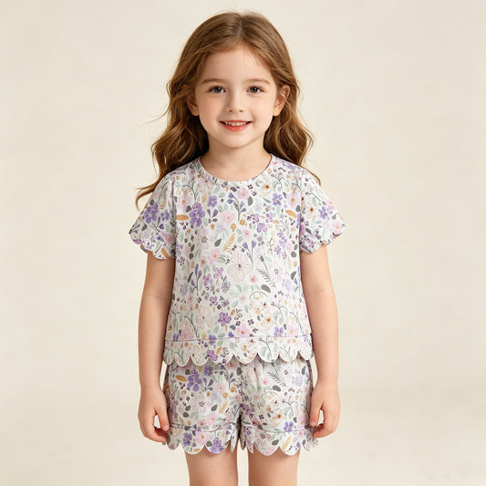 RTS NO MOQ GSSO3267 Baby Girls Lovely Colorful Flowers Short Sleeve Top Pocket Scalloped Shorts Two Piece Set