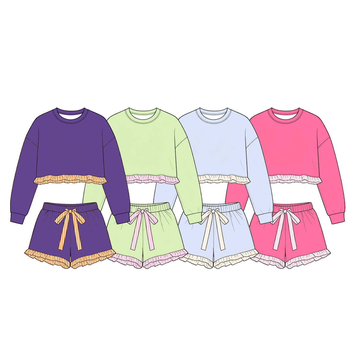 (Preorder new) No moq cotton Baby Girls Color Block Top And Striped Ruffle Trim Drawstring Shorts Casual Clothes Set