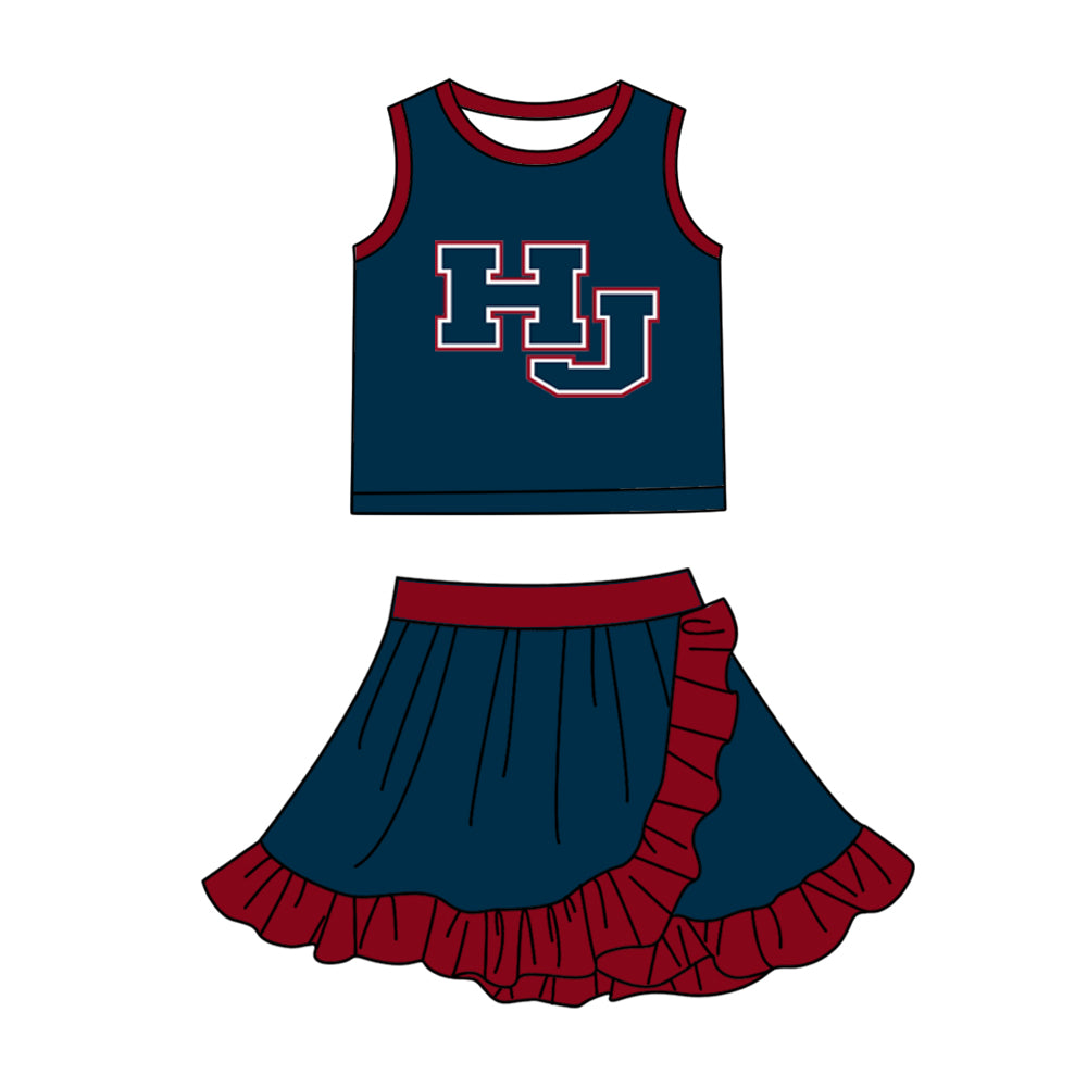 Custom moq 5 mix size milk silk summer teams Baby Girls Navy Blue Red Vest Scallop Skirt Yoga Set