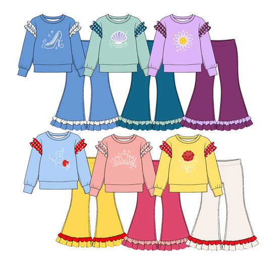 (Preorder new) No moq Baby Girls Ruffle Shoulder Long Sleeve Top Ruffle Hem Flare Pant Outfit Set