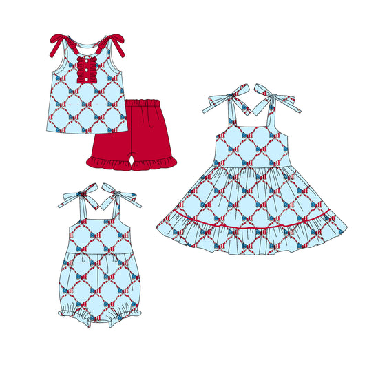 4.21 custom each style moq 5eta 4-6week Sibling Sisters 4th of july bow baby girl short sleeve shorts sets and dress and rompers match family design