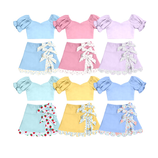 Custom moq 5 mix size Sibling Yoga Short-Sleeved Top And Skirt with bow Set for Baby Girls