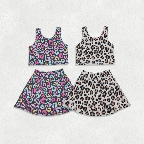 RTS NO MOQ Sibling Baby Girls Sleeveless Colorful Leopard Print Yoga Set Vest Skirt Shorts Active Wear Outfit for Toddlers