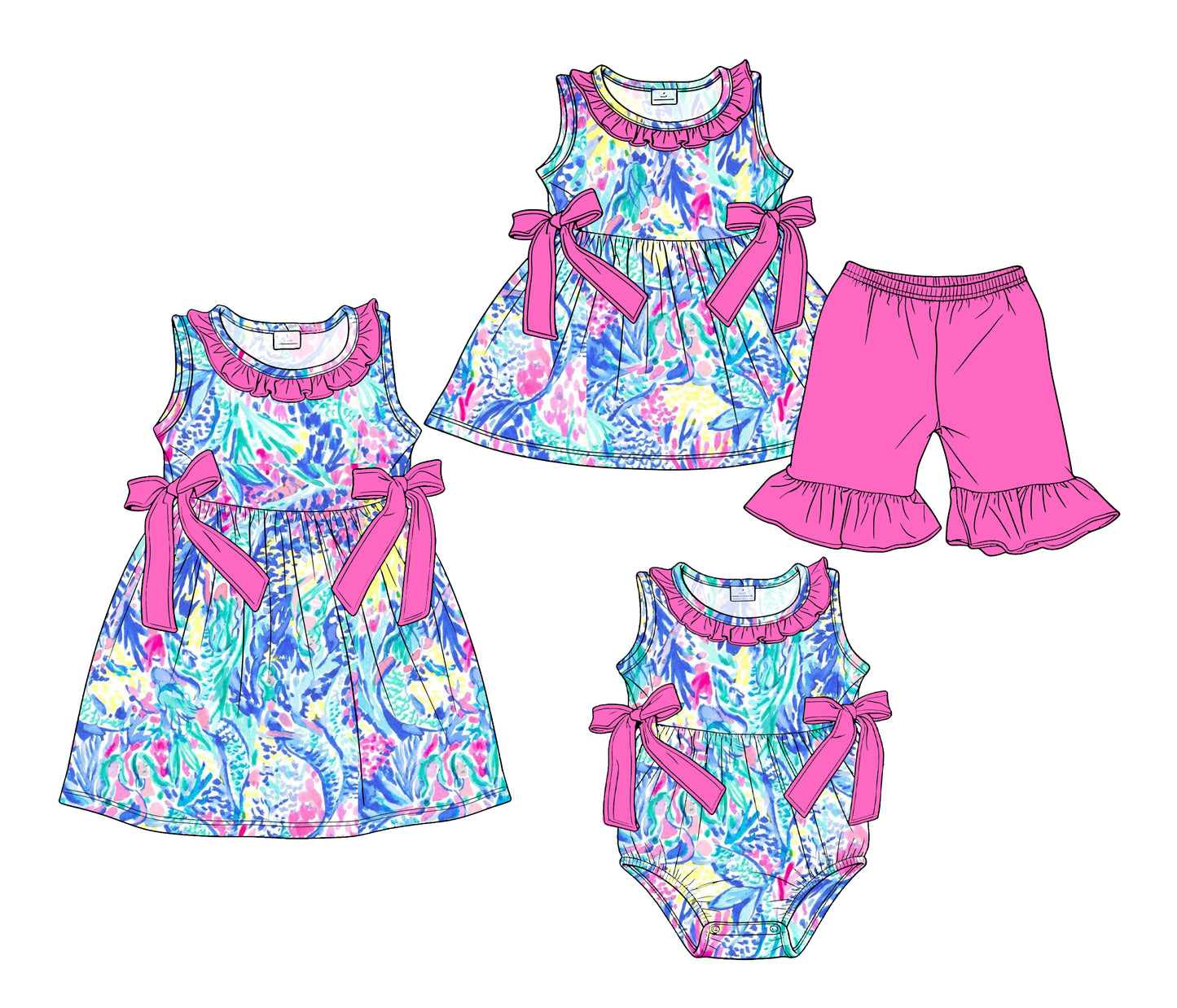 3.18 Custom moq 5 mix size Sibling Baby Girl's Sleeveless Tunic Ruffle Shorts Set Cute Romper Dress for Summer