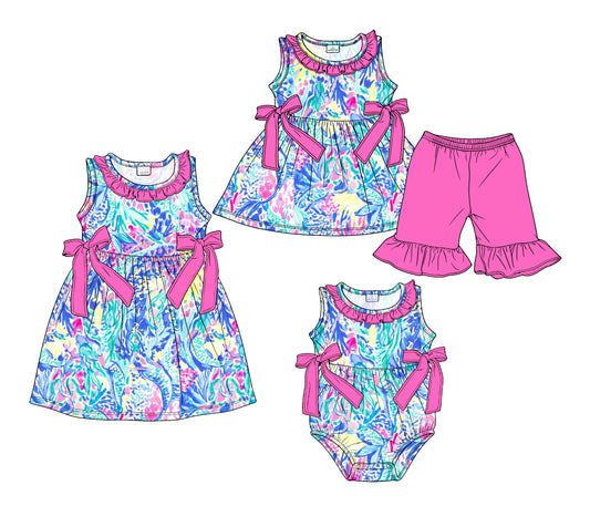 3.18 Custom moq 5 mix size Sibling Baby Girl's Sleeveless Tunic Ruffle Shorts Set Cute Romper Dress for Summer