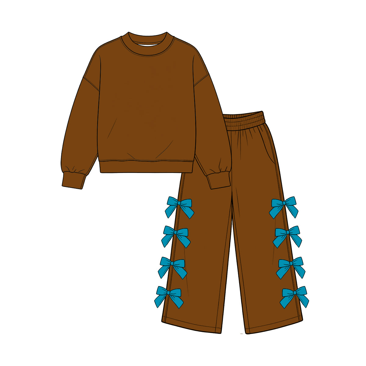 custom moq 5 mix size Baby Girls Brown Long Sleeve Top And Turquoise Bow Wide Leg Pants Fall Casual Outfit