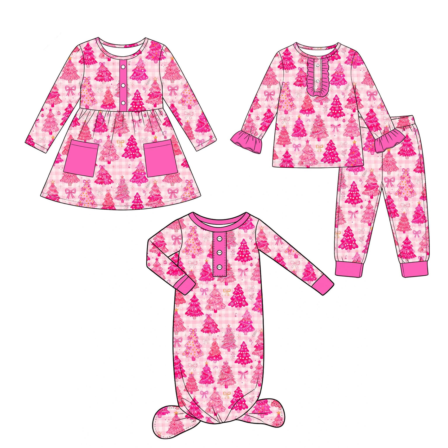 (Preorder new) No moq Baby Girls Pink Checked Bows Trees Button Top Pant Christmas Pajamas Set Sleepwear Outfit Dress Newborn Rompers