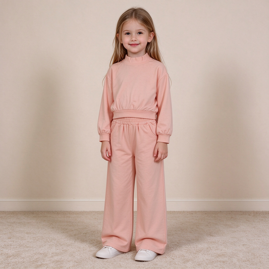 NEW RTS NO MOQ cotton GLP3471 High Neck Baby Girls Orange Pocket Long Sleeve Top Flare Pants Sleepwear Set