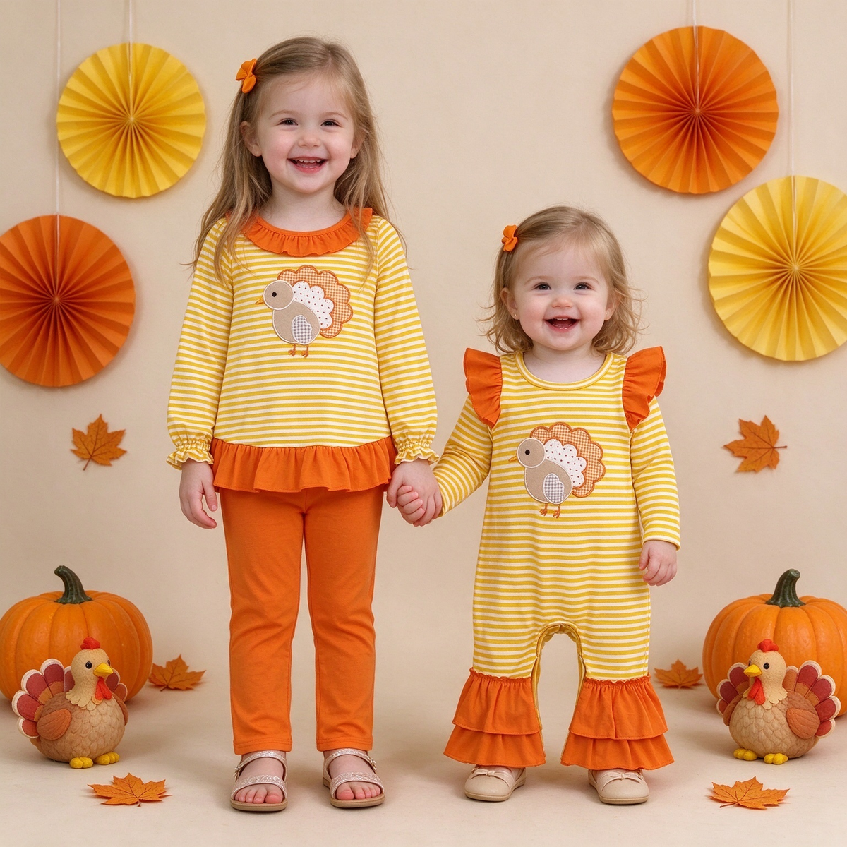 Baby Girls Thanksgiving Patchwork Turkey Yellow Striped Ruffle Romper & Tunic Pants Set Collection