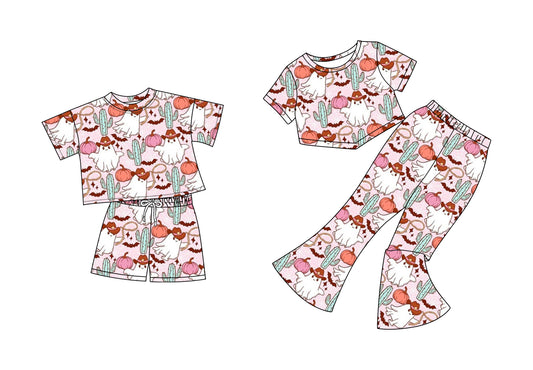 5.2 custom each style moq 5eta 4-6week Sibling Sisters ghost catcus pumpkin baby short sleeve shorts sets and pants sets match family design