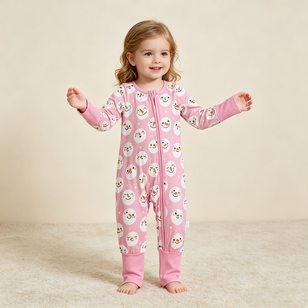 NEW RTS NO MOQ milk silk LR3165 Baby Girls Pink Snowman Print Long Sleeve Zip Christmas Cute Romper