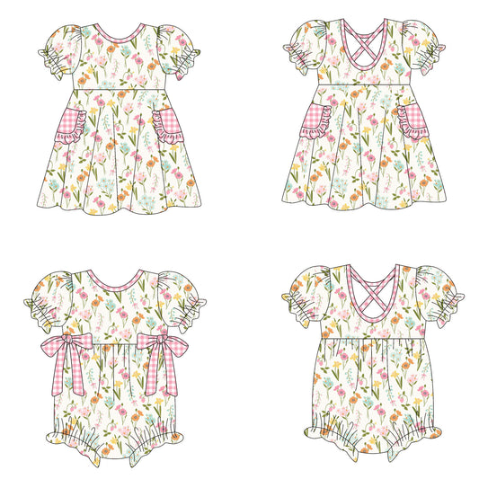 25.10.9 custom each style moq 8 eta 6-8week Sibling Sisters floral baby girl short sleeve dress and romper match family design