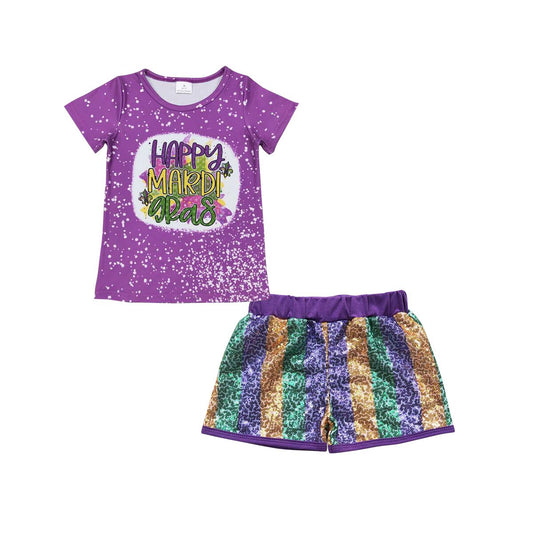 SS0116 Purple green gold striped sequin shorts +GT0374 happy mardi gras letter purple short sleeve top