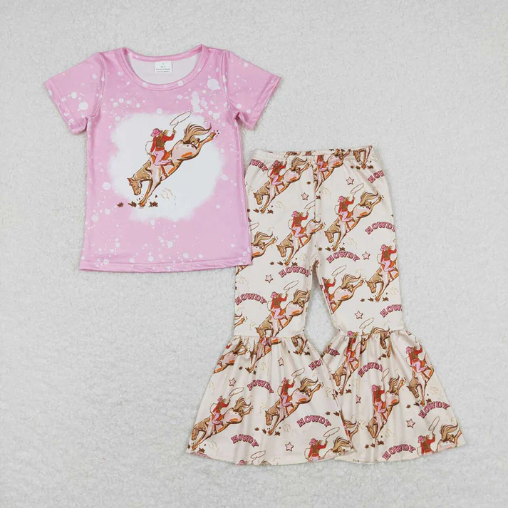 RTS Baby Girls Sibling Horse Boots Tee Top Bell Pants Western Outfits Sets