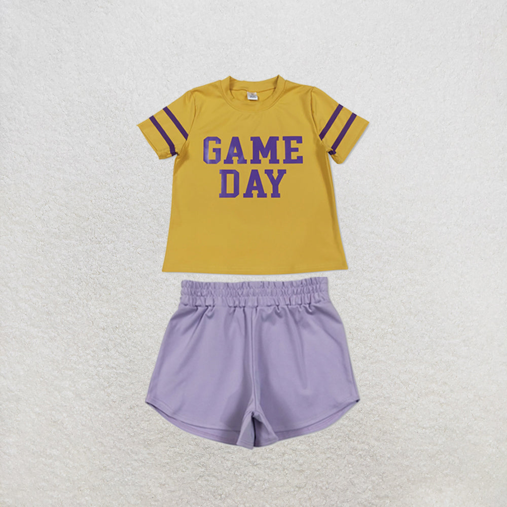 RTS NO MOQ Sibling yoga fabric Baby Girls Vinyl Purple Game Day Print Top Matching Shorts Two Piece Team Active Clothes Set