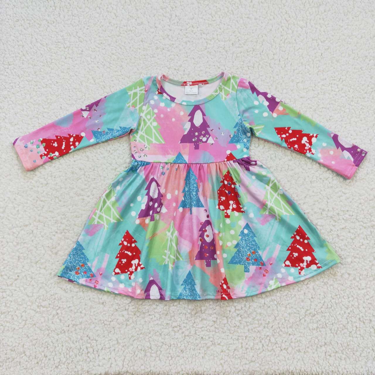 RTS NO MOQ（In Stock) GLD0241 Christmas Tree Colored Long Sleeve Dress