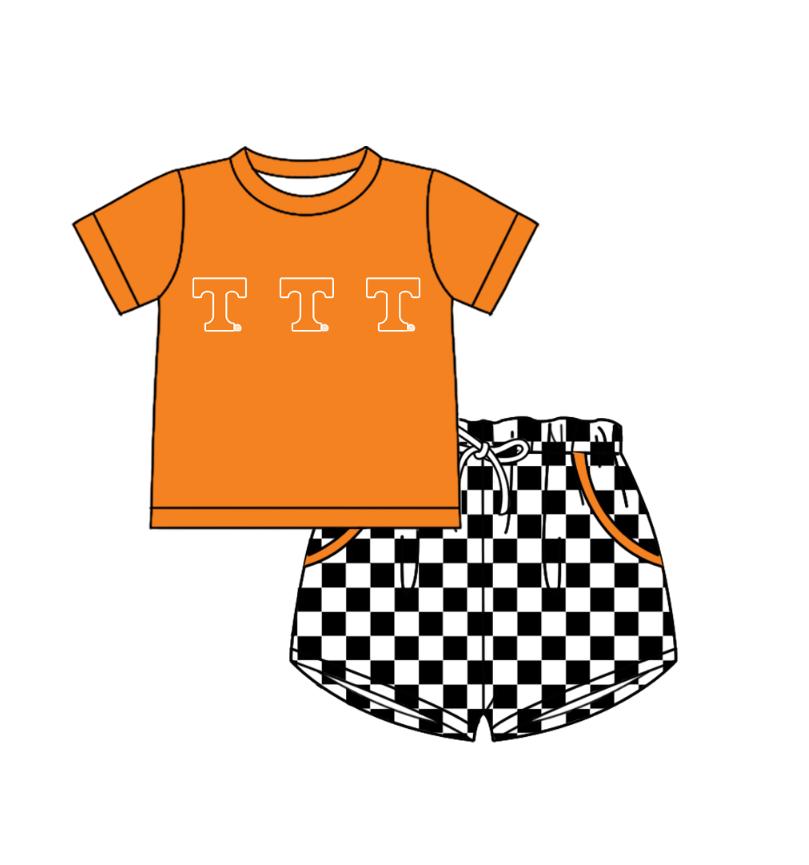 Custom moq 5 mix size milk silk summer teams Boy's Orange Short Sleeved Top Plaid Shorts Set Girl's Short-Sleeved Set with Matching Swimsuits Adult Shorts