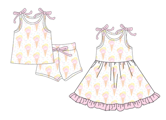 4.11 custom each style moq 5eta 4-6week Sibling Sister ice cream baby girl short sleeve shorts sets and dresses match design