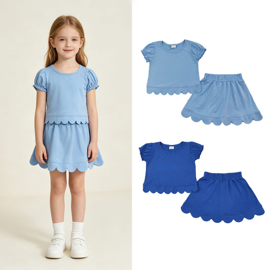 RTS NO MOQ Sibling cotton Baby Girls Blue Print Short Ruffle Sleeve Top Matching Scallop Skort Two Piece Clothes Set
