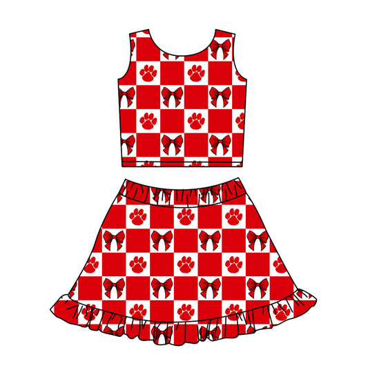 Custom moq 3 or 5 mix size milk silk summer teams baby girl clothes bow red sleeveless skirts sets-26.1.26