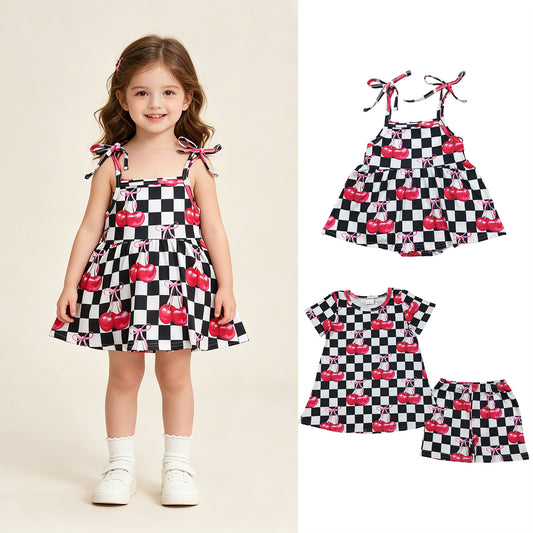 RTS NO MOQ milk silk Sibling Baby Girls Cute White Black Checked Cherry Tunic Shorts Set Strap Ruffle Tunic Rompers