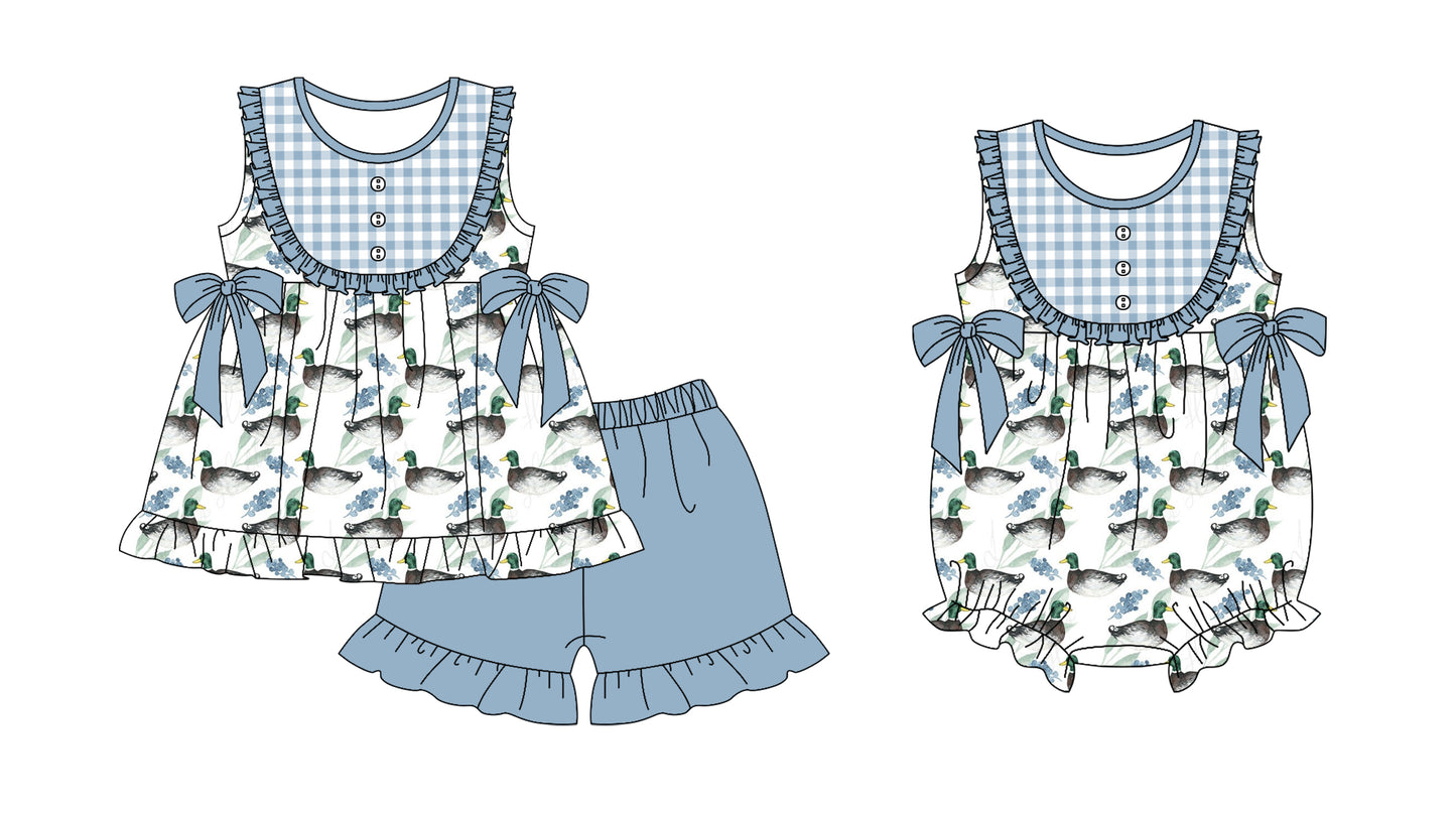 25.5.22 custom each style moq 5eta 4-6week Sibling Sisters duck baby girl short sleeve shorts sets and rompers match family design