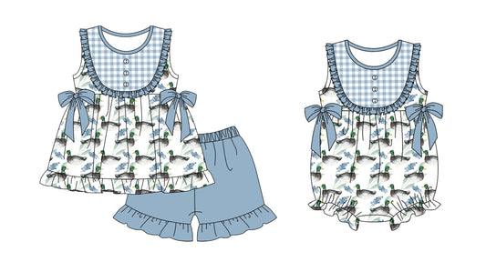 25.5.22 custom each style moq 5eta 4-6week Sibling Sisters duck baby girl short sleeve shorts sets and rompers match family design