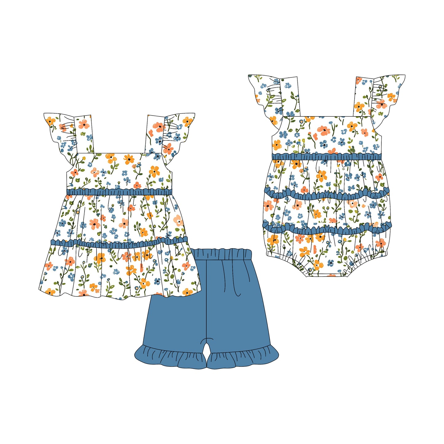3.7 custom each style moq 5eta 4-6week Sibling Sister floral baby girl short sleeve shorts sets and romper match design