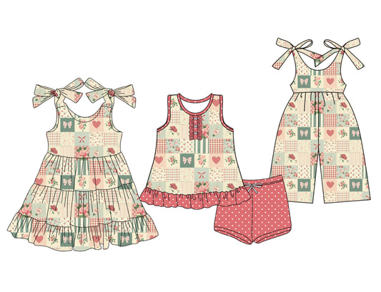 3.22 custom each style moq 5eta 4-6week Sibling Sister bow floral baby girl short sleeve shorts sets and dresses and jumpsuit match design