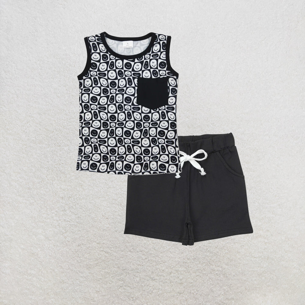 RTS NO MOQ milk silk BT1192+SS0137 Baby Boys Black Smile Pocket Sleeveless Shirt Tops Shorts Set