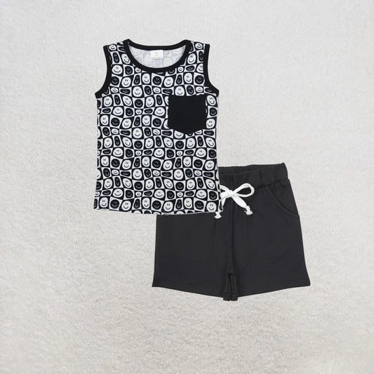 RTS NO MOQ milk silk BT1192+SS0137 Baby Boys Black Smile Pocket Sleeveless Shirt Tops Shorts Set