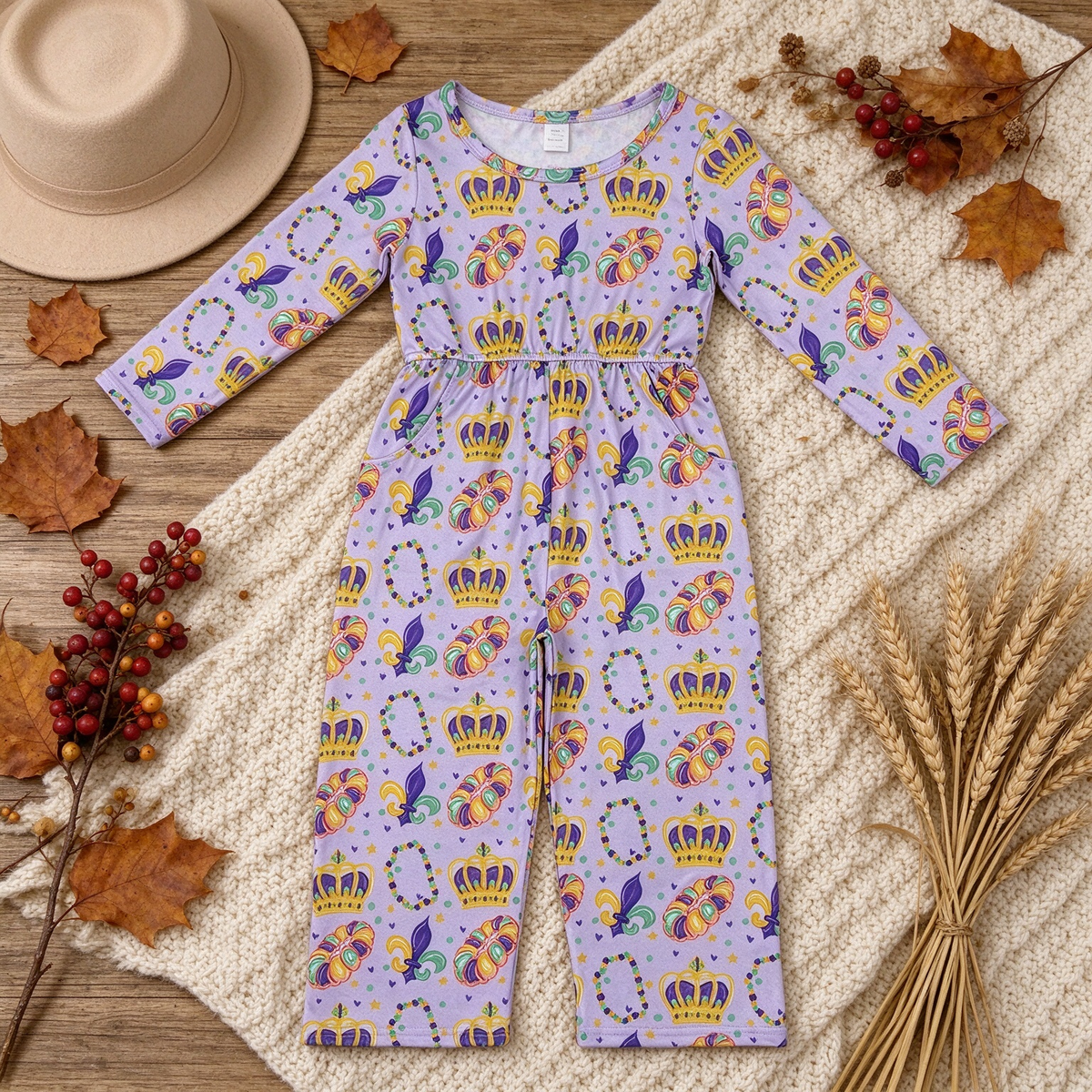 NEW RTS NO MOQ milk silk LR3339 Baby Girls Purple Long Sleeve Pockets Pant Jumpsuits