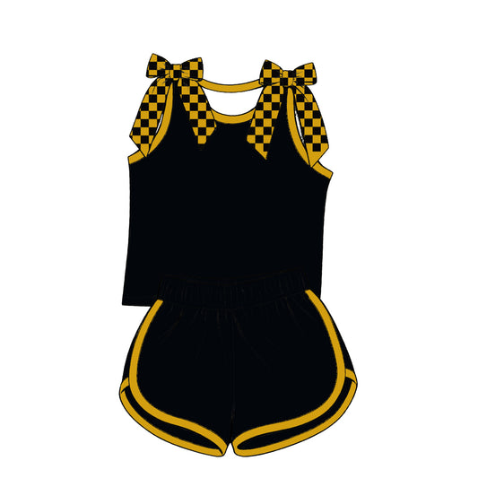 custom moq 5 mix size Baby Girls khaki Black Checked Bow Sleeveless Top Shorts Summer Casual Outfit Set