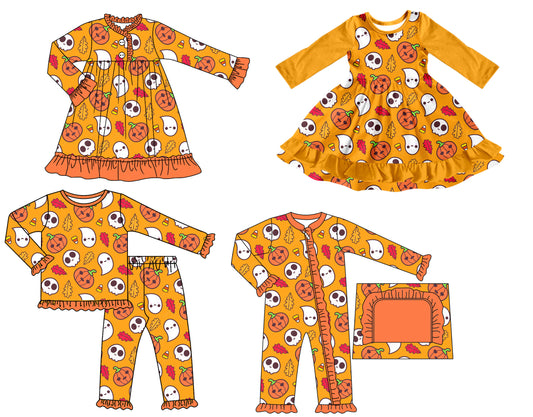 25.7.25 custom each style moq 5 eta 4-6week Sibling Sisters pumpkin baby girl long sleeve pants sets and romper and dress 1 and dress 2 match family design