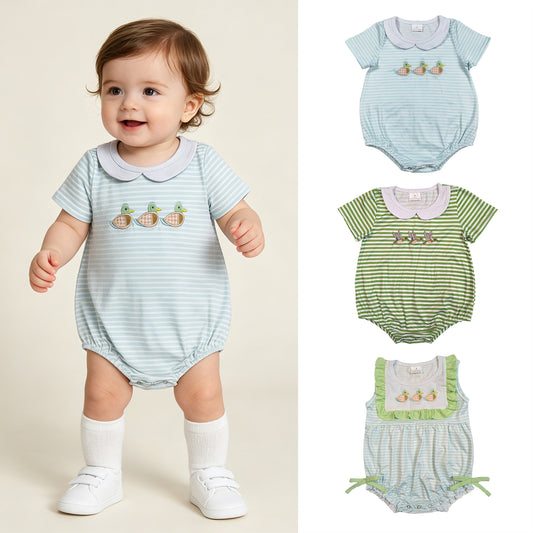 RTS NO MOQ Sibling Baby Boys Girls Cute Duck Embroidery Green Stripe Hunting Collar Rompers