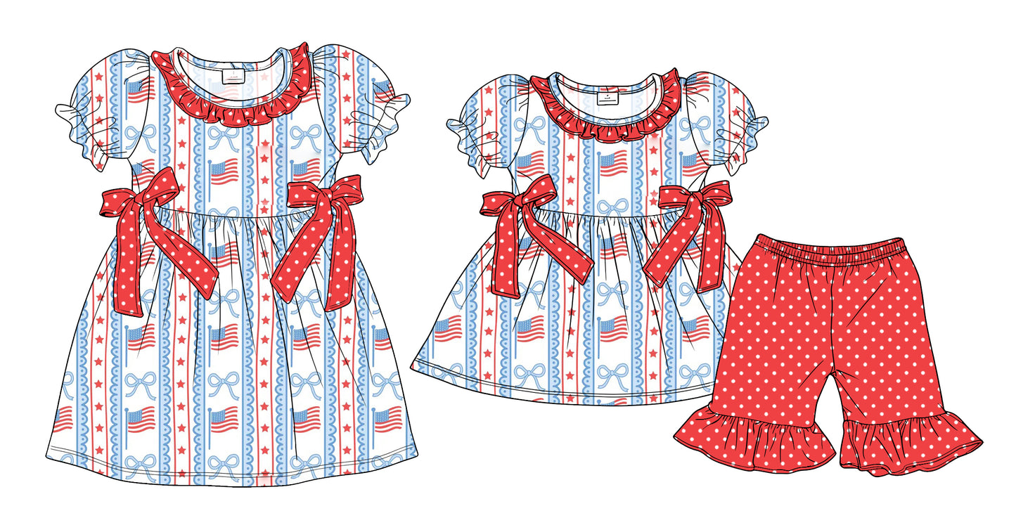 3.24  Custom moq 5 mix size Sibling Baby Girl's 4th of July Short-Sleeved Top with Bow And Short Set Cute Short-Sleeved Dress for Summer