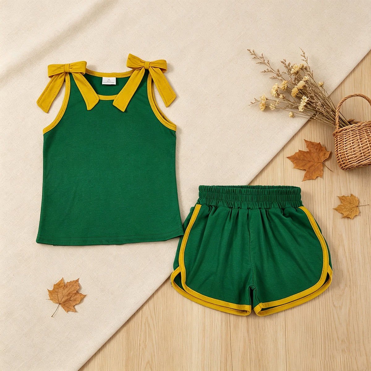 NEW RTS NO MOQ cotton GSSO3850 Baby Girls Orange Green Bow Sleeveless Top Shorts Summer Sets