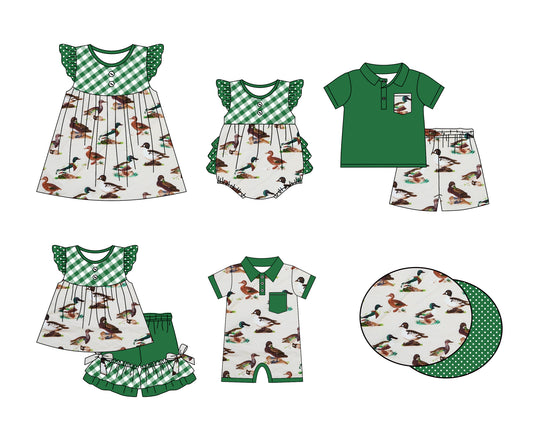 11.6 custom each style moq 5eta 4-6week Sibling Sister duck baby girl short sleeve shorts sets and sets 2 and girls romper and boy romper and dress match design