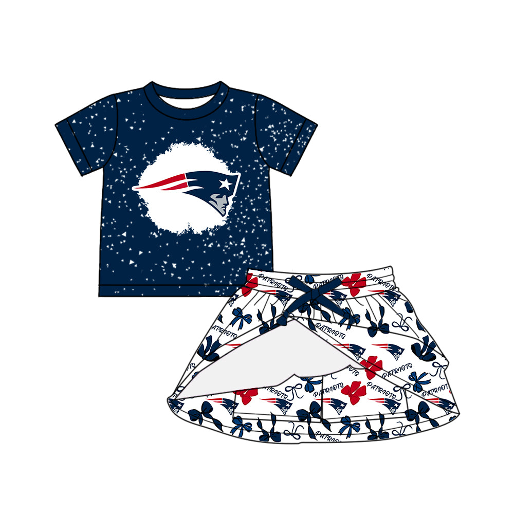 Custom moq 5 mix sizes summer teams baby girls clothes team blue short sleeve skirts shorts sets 1 and skirts sets 2 and dress 1 and dress 2 and dress 3 and dress 4-25.6.4