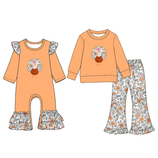 (Preorder new) No moq Baby Girls Thanksgiving Turkey Print Orange Long Sleeve Sweatshirt Floral Print Ruffle Flare Pants Set Rompers
